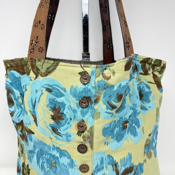 Y2K Handmade Reversible Tote Bag Brown Tweed Blue Flowers Buttons Leather Belt - Picture 12 of 14